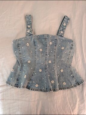 Steve Madden Light Blue Pearl-Embellished Denim Corset Camisole